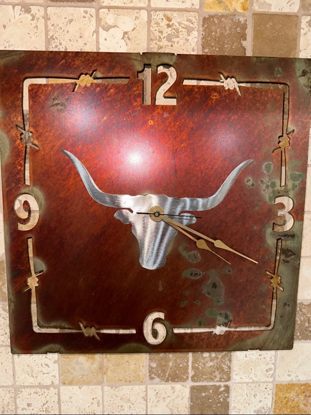 Western Longhorn Metal Wall Clock in Rust Red